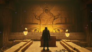 The aftermath of a spice-induced vision. The player stands in front of a carved mural as purple motes of light hang in the air.