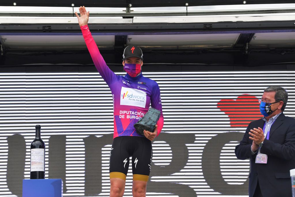 LAGUNAS DE NEILA SPAIN MAY 23 Anna Van Der Breggen of Netherlands and Team SD Worx Purple Leader Jersey celebrates at podium during the 6th Vuelta A Burgos Feminas 2021 Stage 4 a 1216km stage from Quintanar de la Sierra to Lagunas De Neila 1870m VueltaBurgos BurgosFem UCIWWT on May 23 2021 in Lagunas De Neila Spain Photo by Luc ClaessenGetty Images