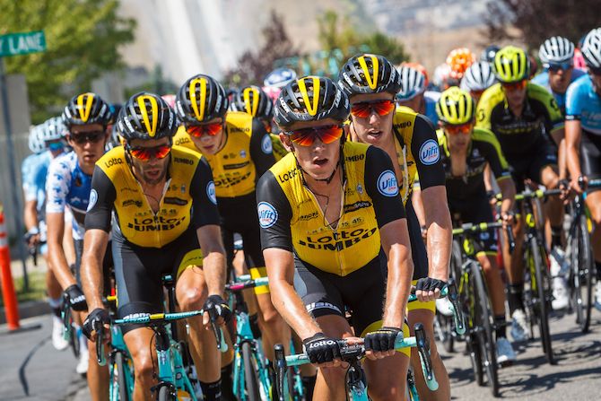 LottoNL-Jumbo control the front of the field on the climb on stage 3 of the 2018 Tour of Utah