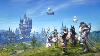 A group of explorers in Final Fantasy 14 Mobile gather atop a hill and look to the horizon