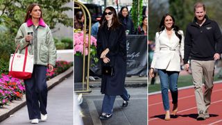 Katie Holmes; Kaia Gerber; Meghan Markle and Prince Harry wearing dark wash denim