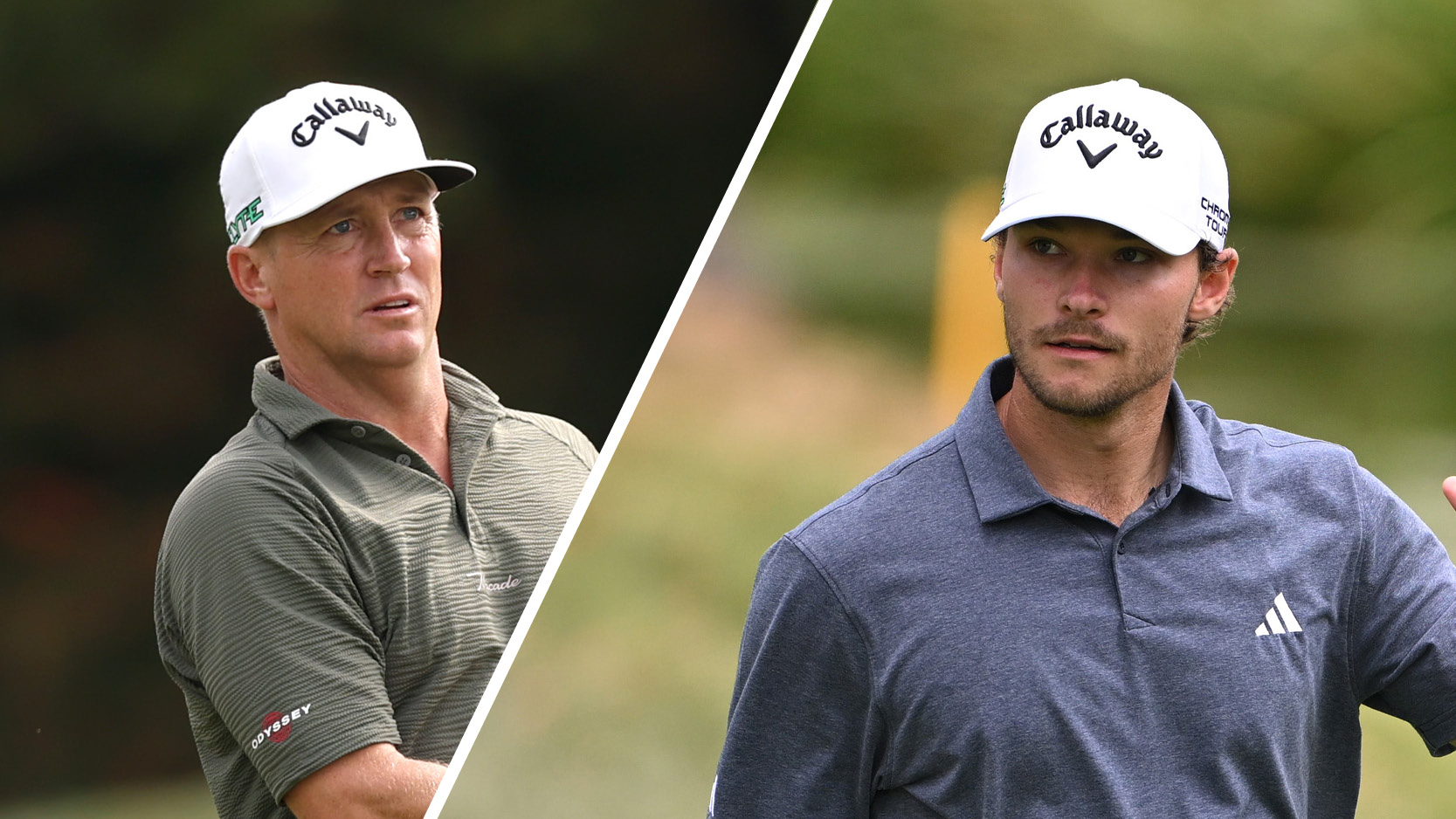 (Left) Alex Noren looks on after a shot while Nicolai Hojgaard (right) waves to the crowd at the 2025 British Masters