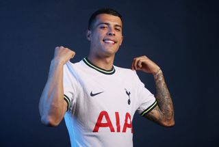 Tottenham Hotspur new loan signing Pedro Porro poses for a photo at Tottenham Hotspur Training Centre on January 31, 2023 in Enfield, England.