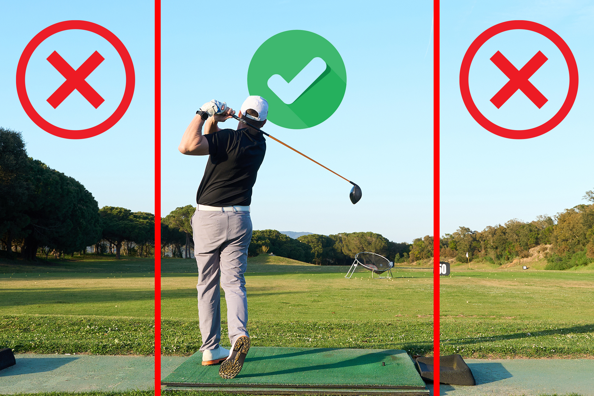 An illustration of the tee shot drill that Marco Penge uses, where the nominated area on the range is a fairway and you have to hit that safe area consecutively without hitting the out of bounds areas left and right
