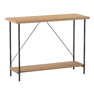 a wooden console table with black metal legs