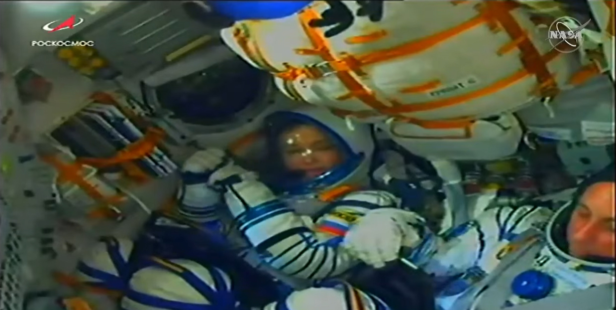 Yulia Peresild inside the Soyuz MS-18 spacecraft.