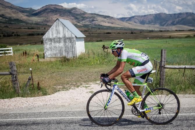 Alex Diniz (Funvic) off the front on his own.