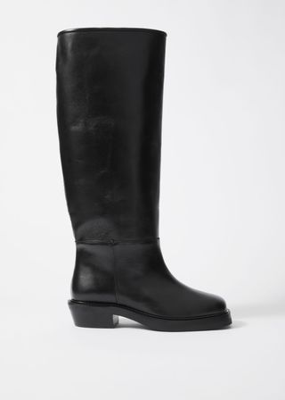 Square-Toe Leather Knee Boots