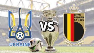 The Ukraine and Belgium club badges on top of a photo of the Euro 2024 trophy and match ball