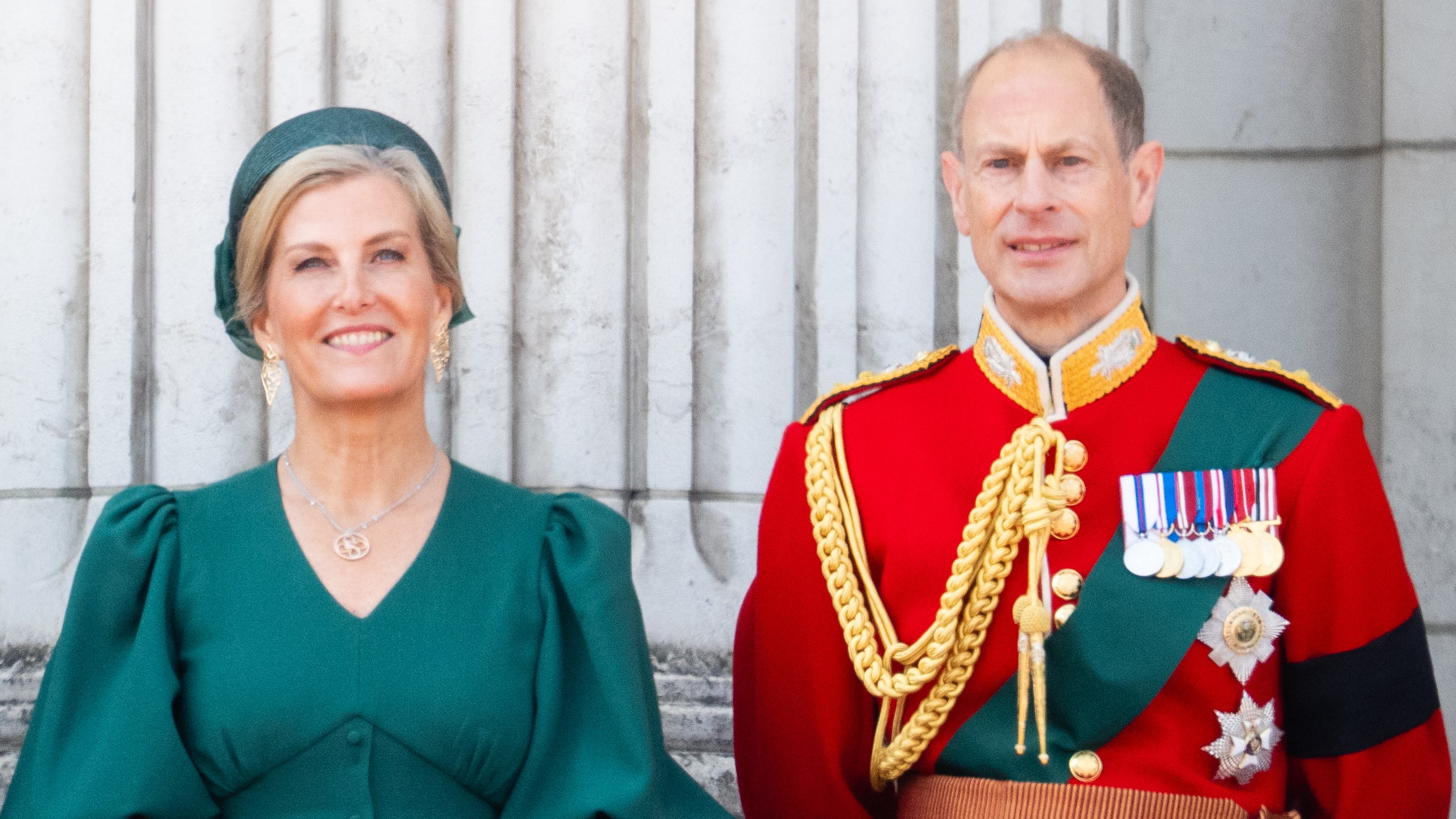 Sophie, Duchess of Edinburgh and Prince Edward, Duke of Edinburgh stand on the Buckingham Palace balcony during Trooping The Colour 2025 on June 14, 2025