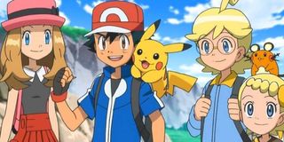 Ash with Serena, Clemont, and his little sister, Bonnie on their journey.