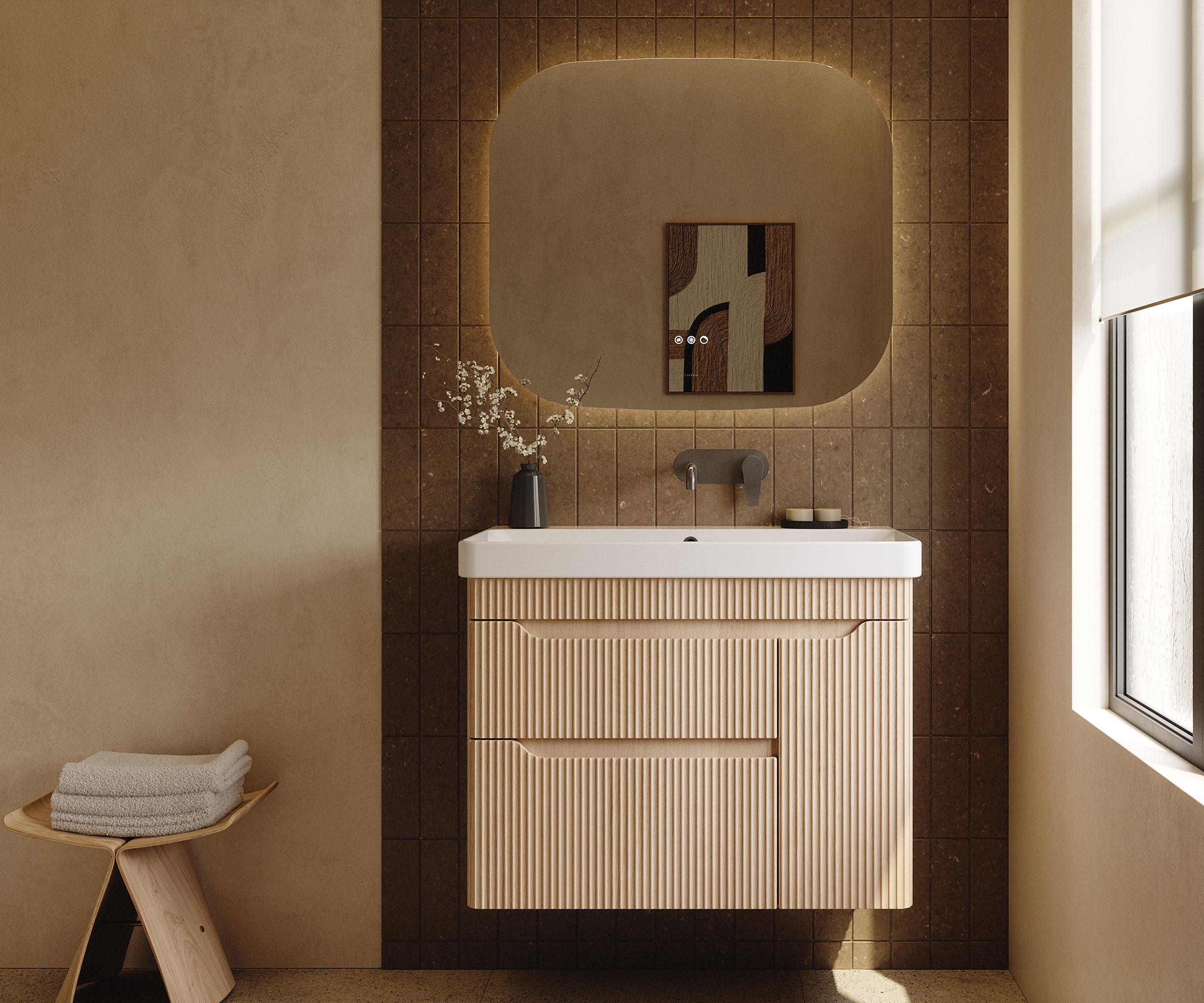 neutral bathroom with wooden fluted vanity unit