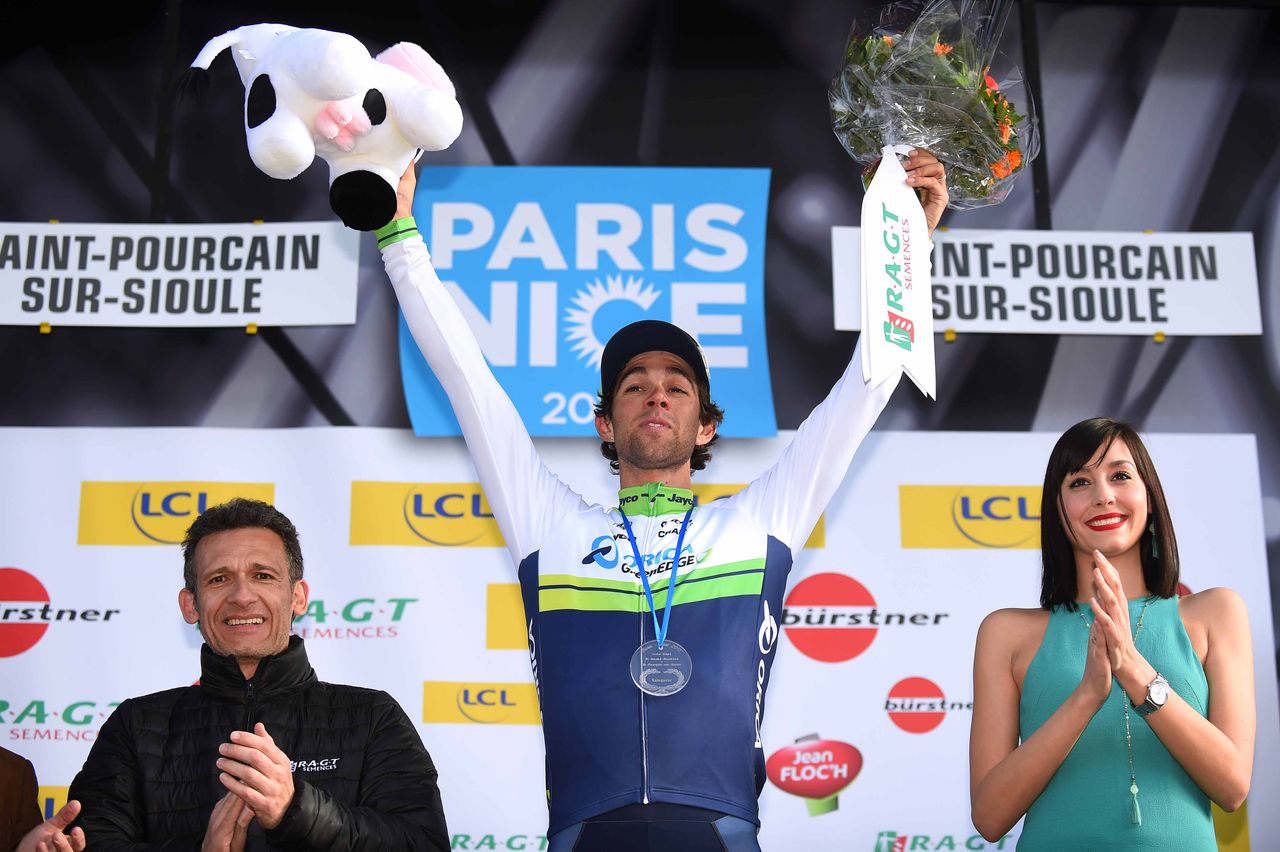 Michael Matthews (Orica-GreenEdge) collects his prize for wining stage three