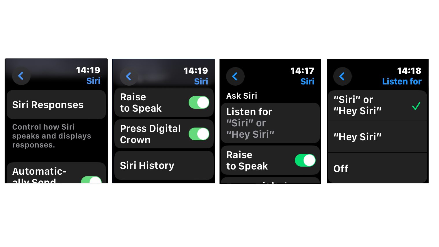 Screenshots of the Siri settings on an Apple Watch
