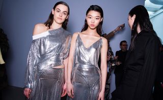 ladies wearing metallic silver dress