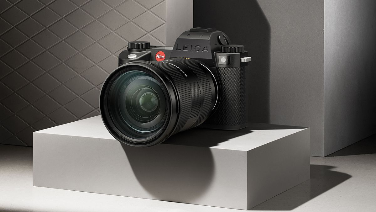 Leica SL3-S with 24-70mm lens sitting on geometric blocks