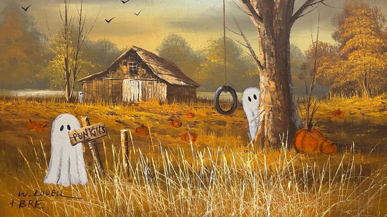 Ghosts painted on thrifted naturescape painting