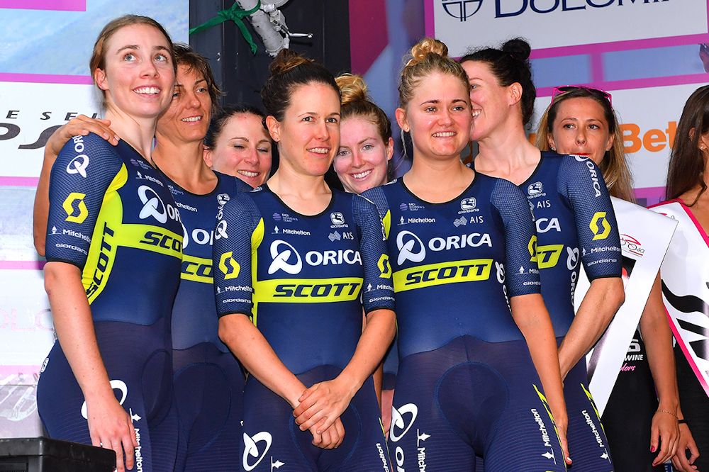 Orica-Scott on the stage 1 Giro Rosa podium