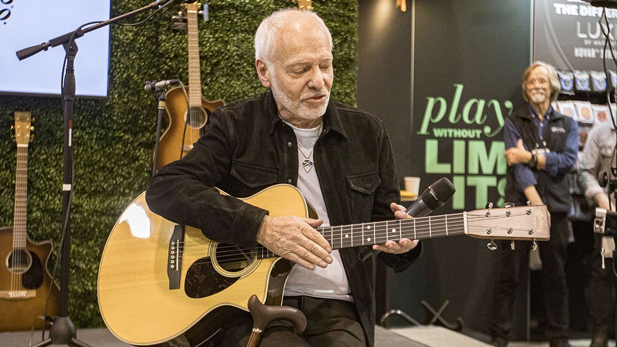 ANAHEIM, CALIFORNIA - JANUARY 22: Peter Frampton speaks at the C.F. Martin &amp; Co. booth during Global Media Day at The 2025 NAMM Show at Anaheim Convention Center on January 22, 2025 in Anaheim, California.