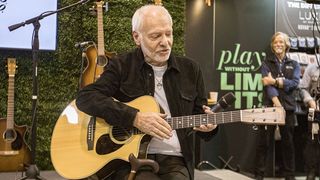 ANAHEIM, CALIFORNIA - JANUARY 22: Peter Frampton speaks at the C.F. Martin & Co. booth during Global Media Day at The 2025 NAMM Show at Anaheim Convention Center on January 22, 2025 in Anaheim, California.