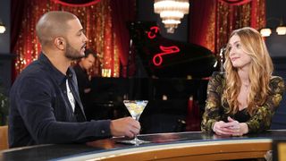 Nathan Owens and Hayley Erin as Holden and Claire sitting at a bar in The Young and the Restless