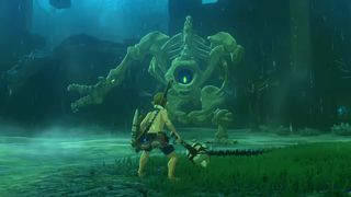 En skärmdump från The Legend of Zelda: Breath of the Wild som visar Link när han möter ett skelettliknande monster.