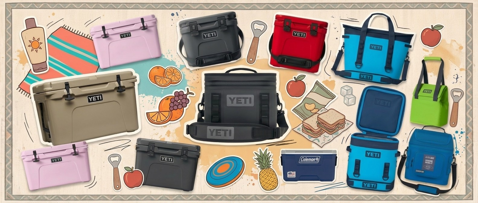 a collage with summery stickers and yeti roadie, yetti hopper, and coleman coolers