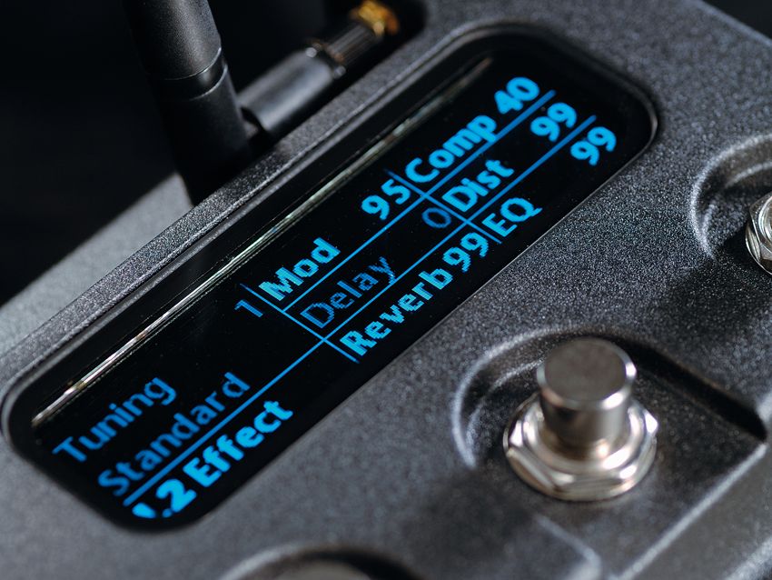 The floor-based controllers connect to the guitar via Bluetooth.