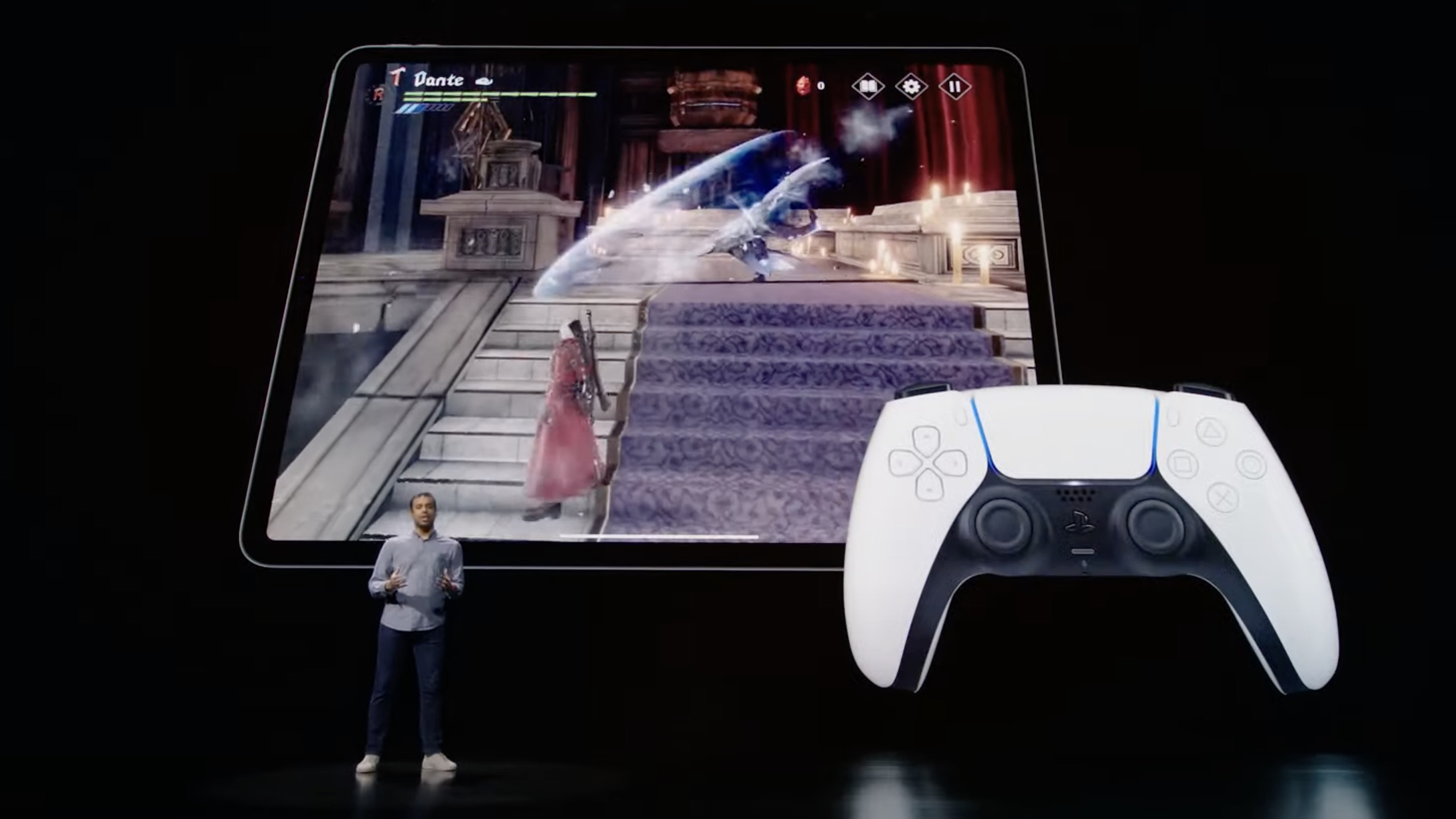 An Apple presentation showing the iPad Pro playing Devil May Cry connected to a PS5 DualSense controller