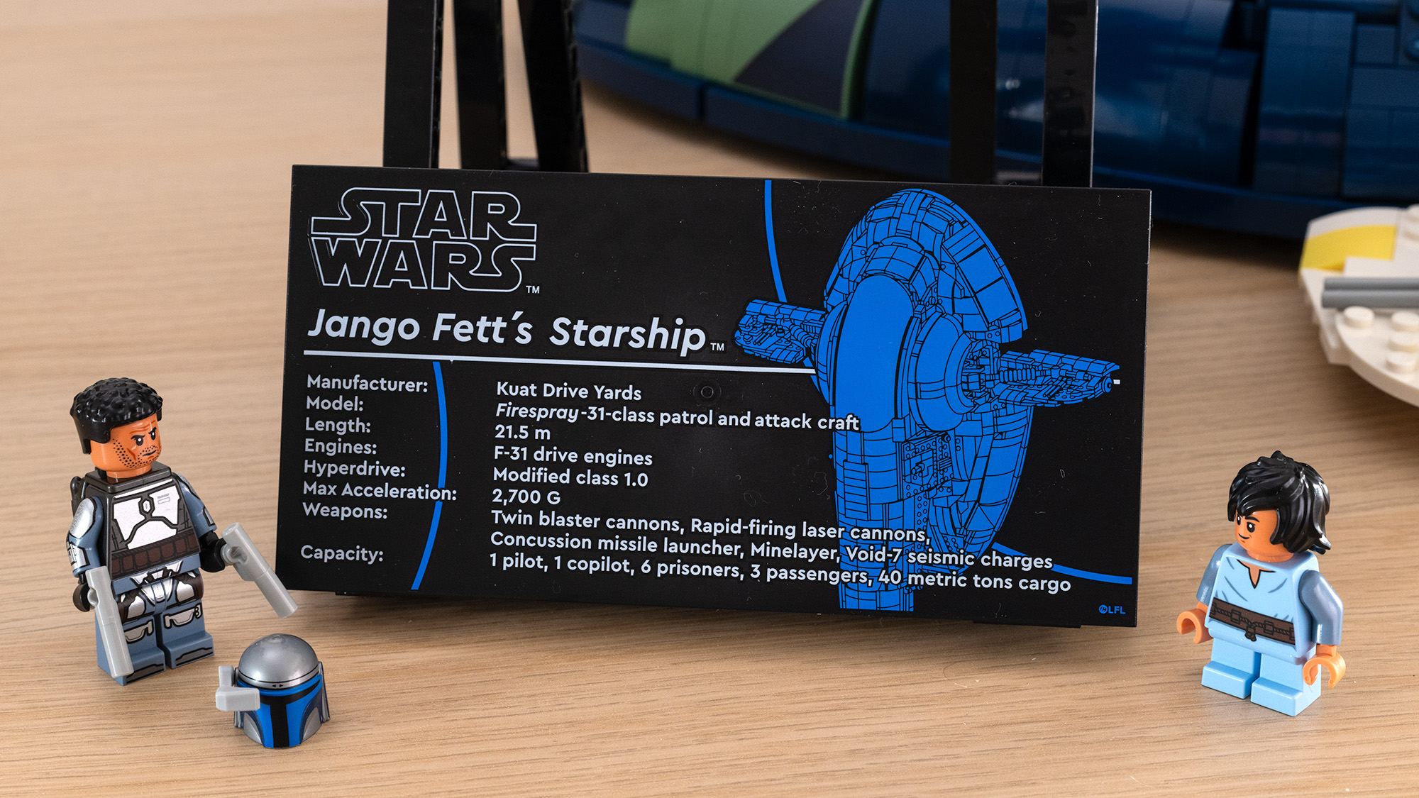 Lego Star Wars UCS Jango Fett&amp;rsquo;s Firespray-Class Starship (75409) plaque with Jango Fett and Boba Fett Minifigures either side