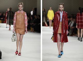 2 individual images with Female models on the runway of Miu Miu A/W 2015 Womens fashion show