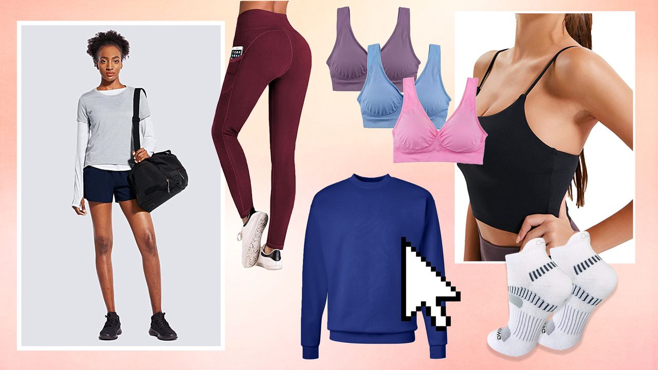 collage of women&#039;s workout clothes on amazon