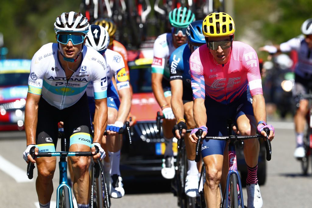 GARD FRANCE SEPTEMBER 03 Alexey Lutsenko of Kazahkstan and Astana Pro Team Neilson Powless of The United States and Team EF Pro Cycling Breakaway during the 107th Tour de France 2020 Stage 6 a 191km stage from Le Teil to Mont AigoualGard 1560m TDF2020 LeTour on September 03 2020 in Gard France Photo by Michael SteeleGetty Images