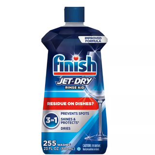 a bottle of Finish Jet-Dry Rinse Aid, Dishwasher Rinse & Drying Agent