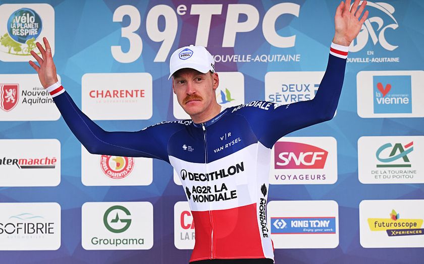 POITIERS, FRANCE - AUGUST 29: Dorian Godon of France and Team Decathlon AG2R La Mondiale celebrates at podium as stage winner during the 39th Tour Poitou - Charentes en Nouvelle Aquitaine 2025, Stage 4 a 185.9km stage from La Rochefoucauld to Poitiers on August 29, 2025 in Poitiers, France. (Photo by Luc Claessen/Getty Images)