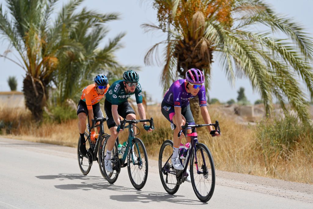 CABO DE GATA SPAIN AUGUST 31 LR Joan Bou Company of Spain and Team Euskaltel Euskadi Vojtech Repa of Czech Republic and Team Equipo Kern Pharma and Jetse Bol of Netherlands and Team Burgos BH compete in the breakaway during the 77th Tour of Spain 2022 Stage 11 a 1912km stage from ElPozo Alimentacin Alhama de Murcia to Cabo de Gata LaVuelta22 WorldTour on August 31 2022 in Cabo de Gata Spain Photo by Justin SetterfieldGetty Images