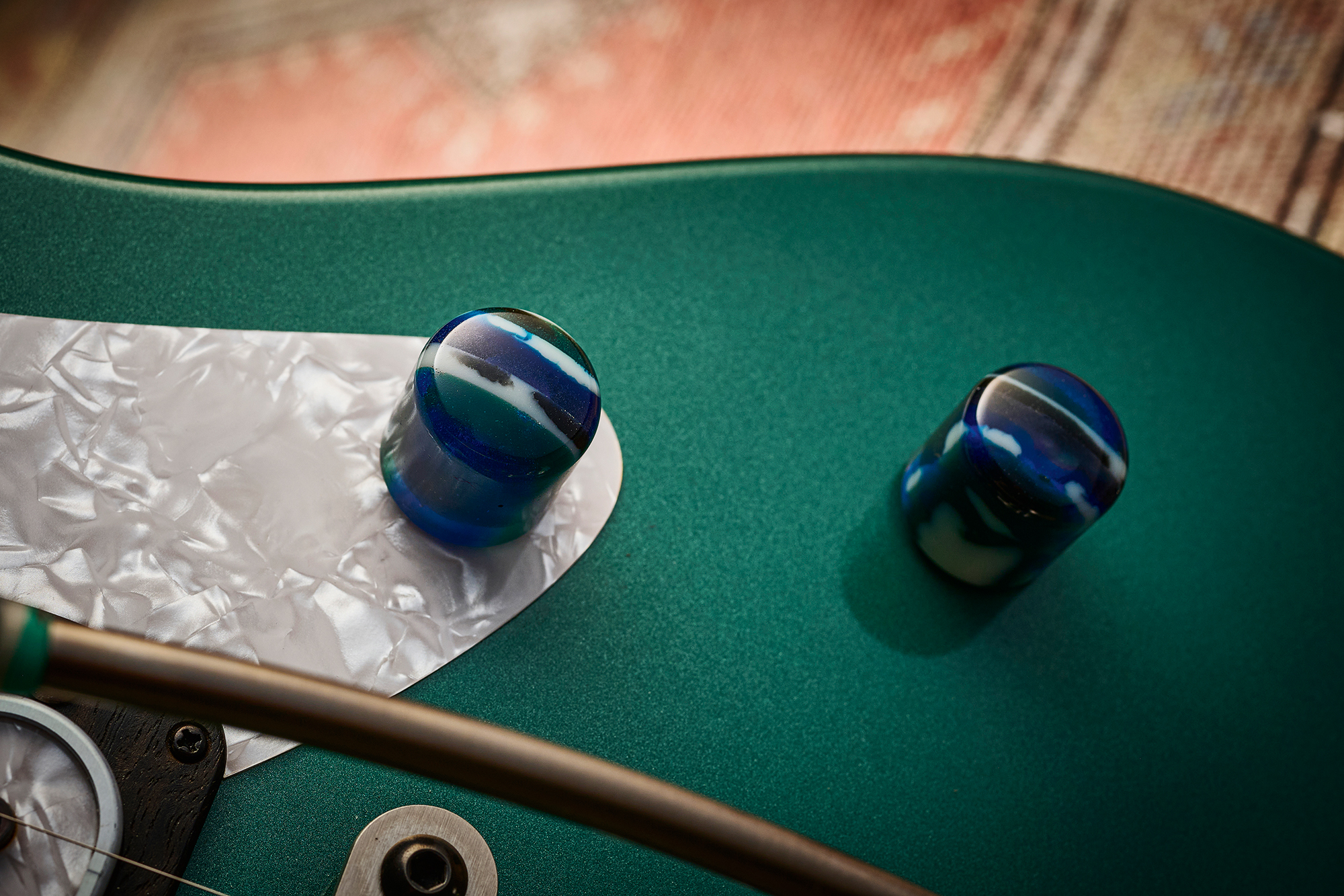 A photo showing a detail of the Powers Electric A-type electric guitar