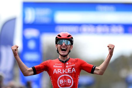 SAUMUR FRANCE APRIL 03 Ewen Costiou of France and Team Arkea BB Hotels celebrates at finish line as stage winner during the 70th Region Pays de la Loire Tour 2024 Stage 2 a 1621km stage from Chateaubriant to Saumur on April 03 2024 in Saumur France Photo by Dario BelingheriGetty Images