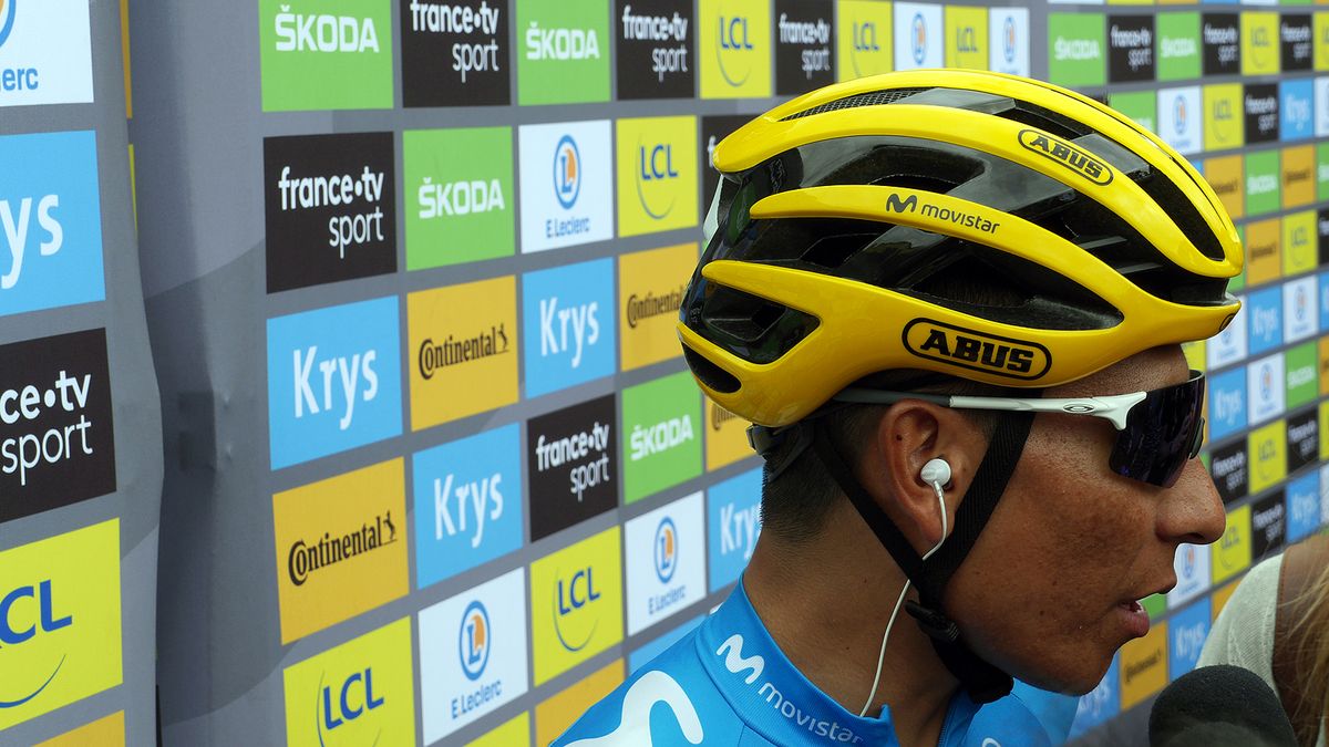 Nairo Quintana's eyewear of choice is the 22 gram EV Zero from Oakley, paired with a yellow Abus Airbreaker helmet