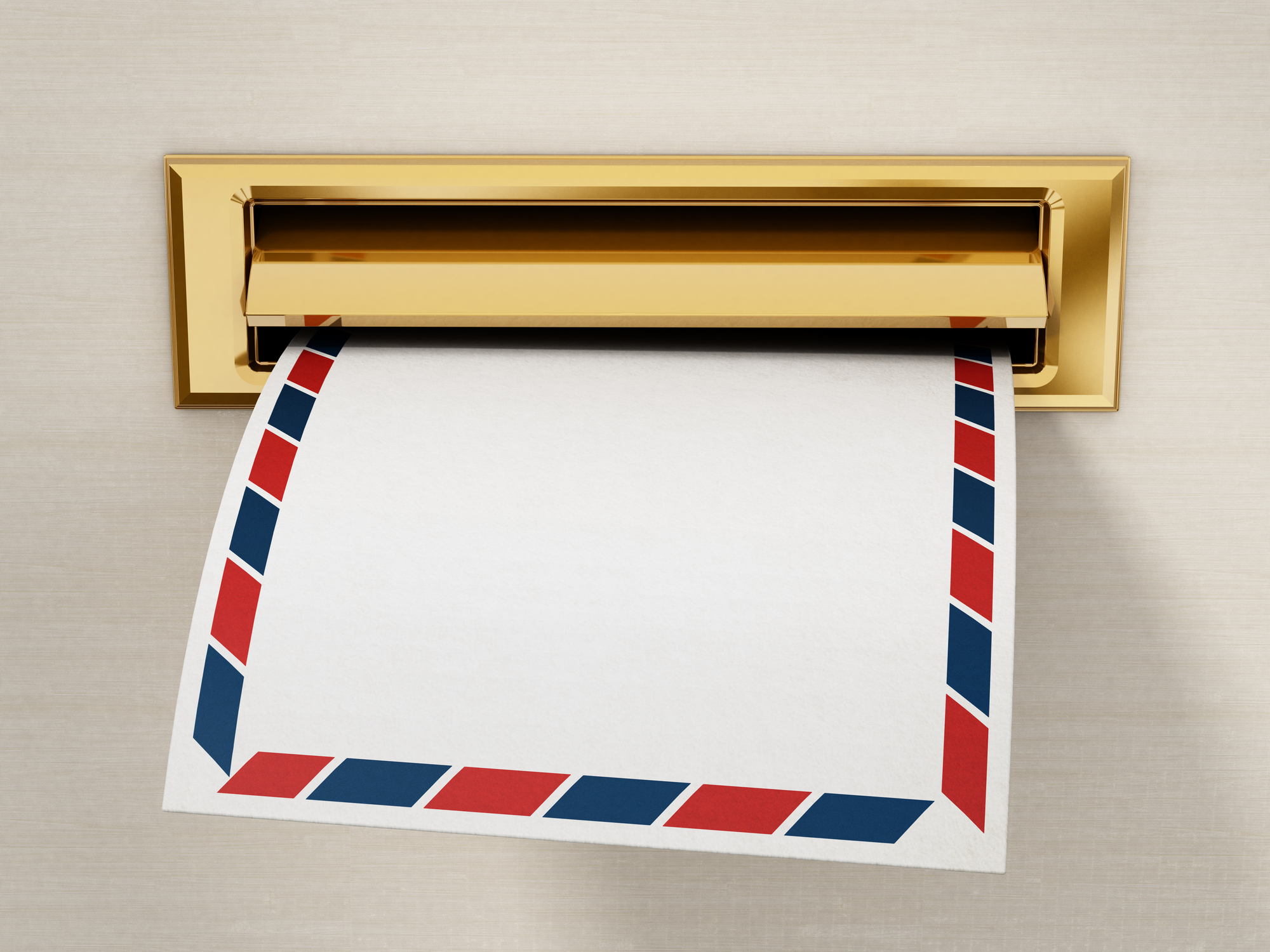 A white envelope is being delivered through a mail slot.