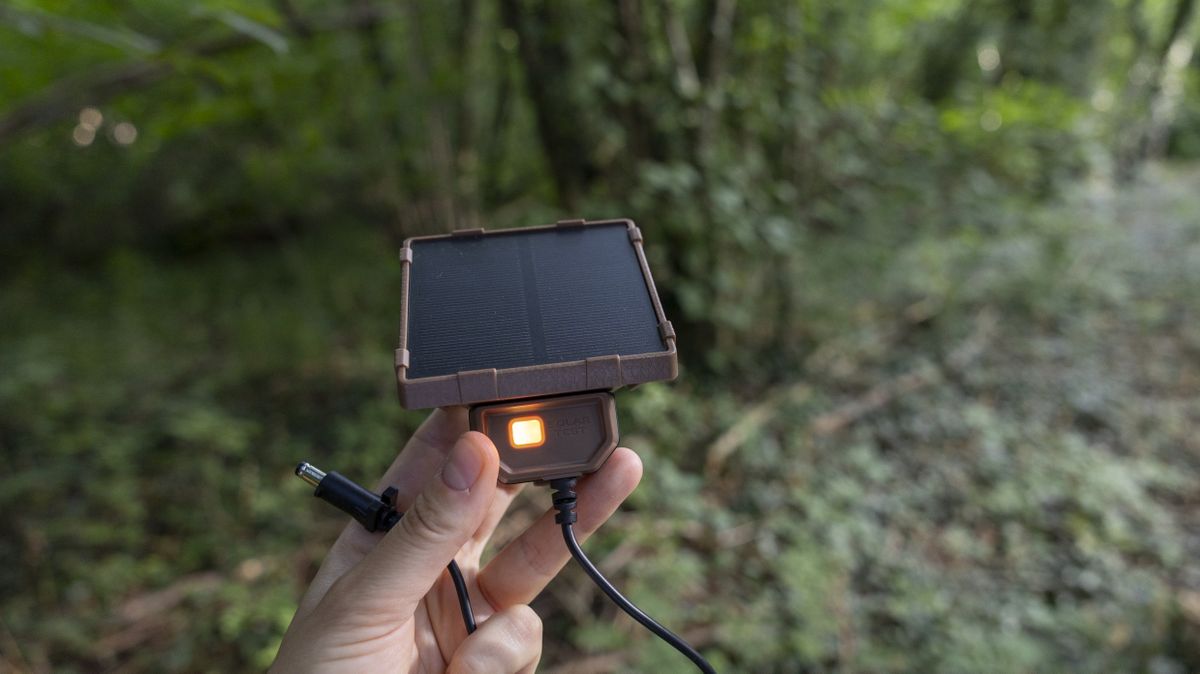 A close-up of the Browning Defender solar panel in a woodland
