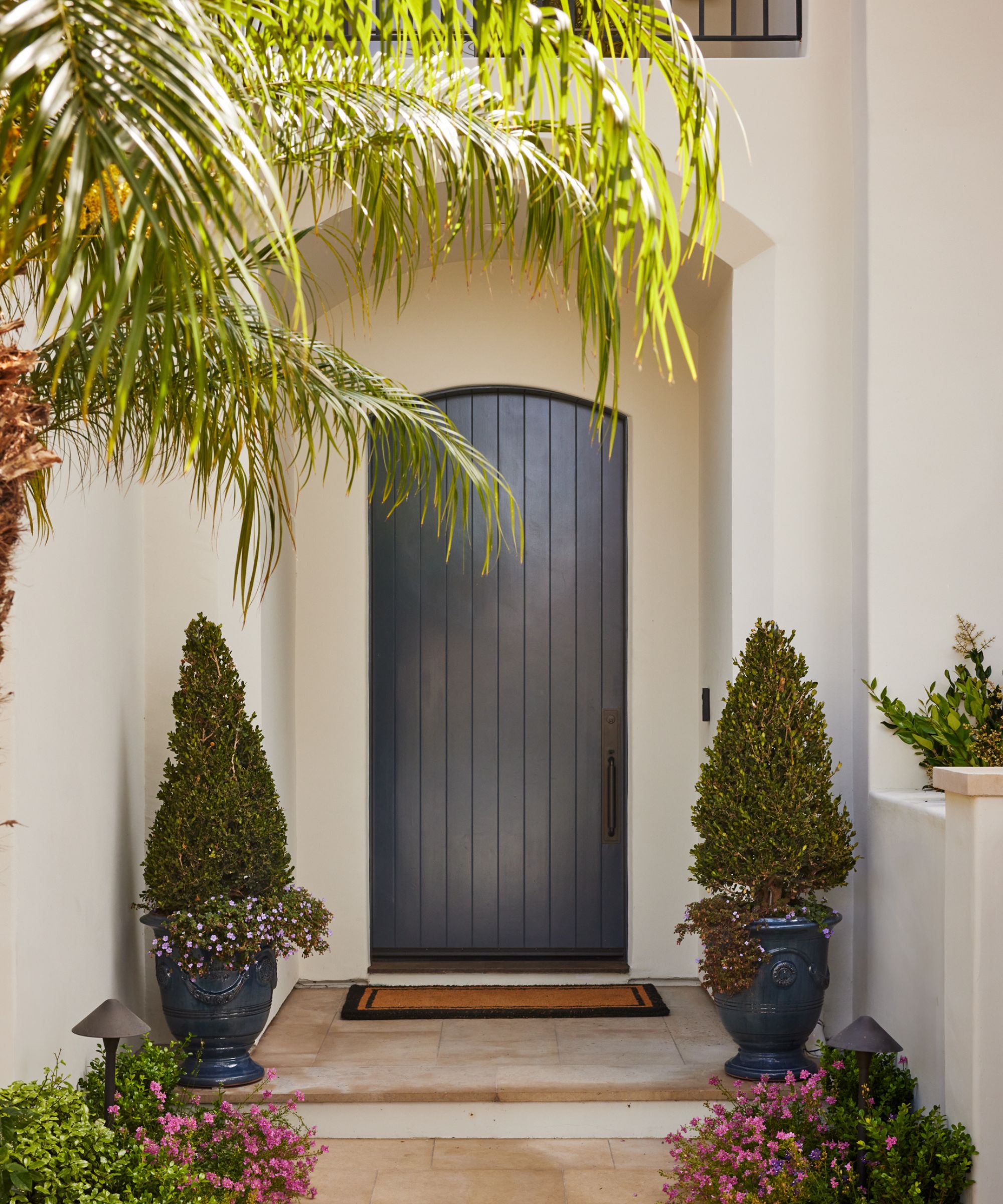A modern entryway with a dark blue arched wooden front door framed by a white stucco exterior. The path is lined with manicured plants and vibrant flowers in large navy blue planters. Palm fronds partially shade the entrance.