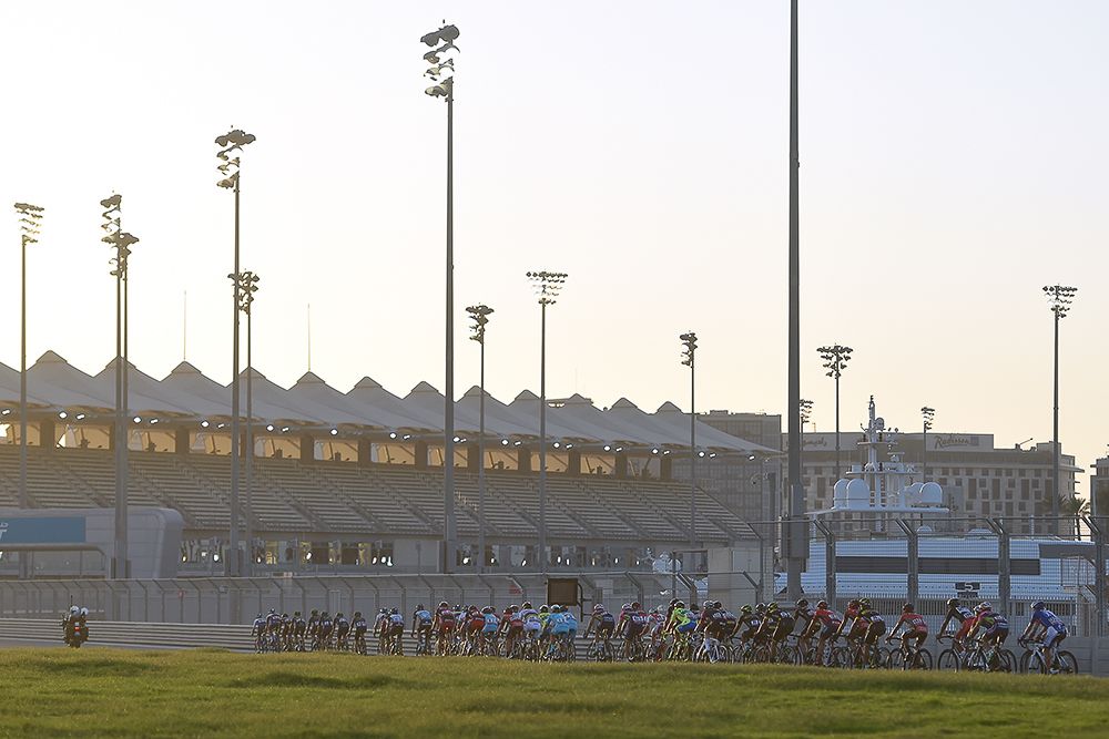 The Abu Dhabi peloton in action at the Yas Marina Formula One track.