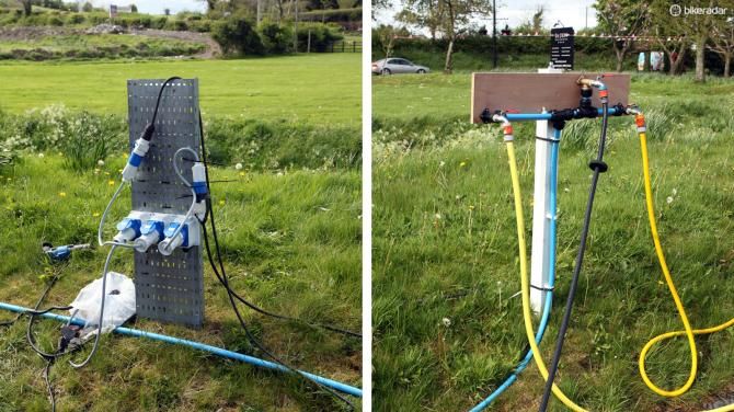 Team mechanics rely on hotels to provide electricity and water hookups like these