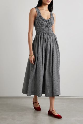 DÔEN Emmaretta shirred gingham organic cotton-voile midi dress