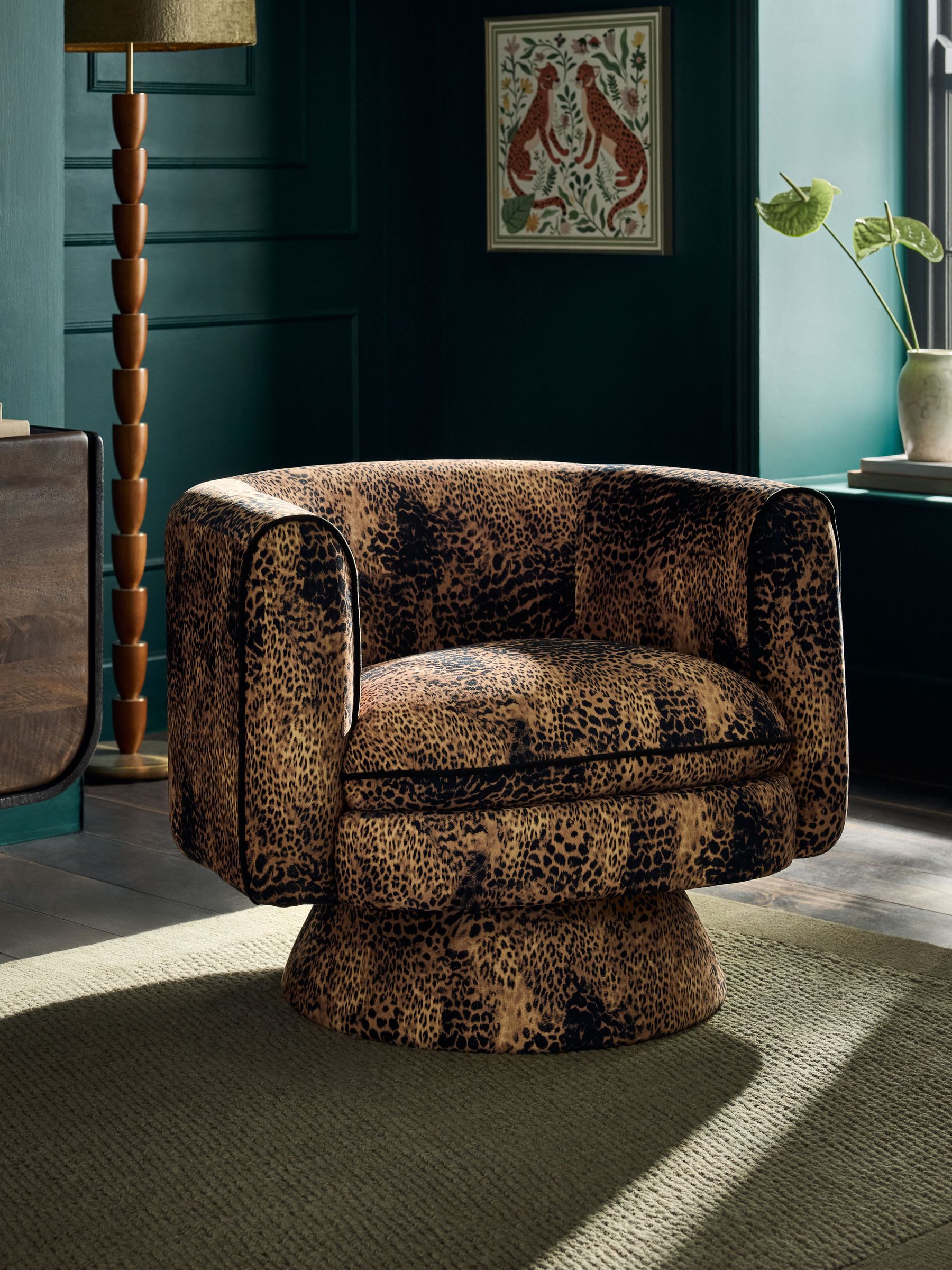 Opulent Velvet Leopard Print Emilie Swivel Accent Chair