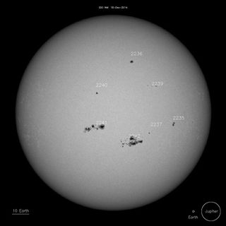 This NASA image from the Solar Dynamics Observatory spacecraft shows the active sunspot regions currently visible on the surface of the sun. Active Region 2242 unleashed a huge X1.8-class solar flare on Dec. 19, 2014, one day after this image was recorded.