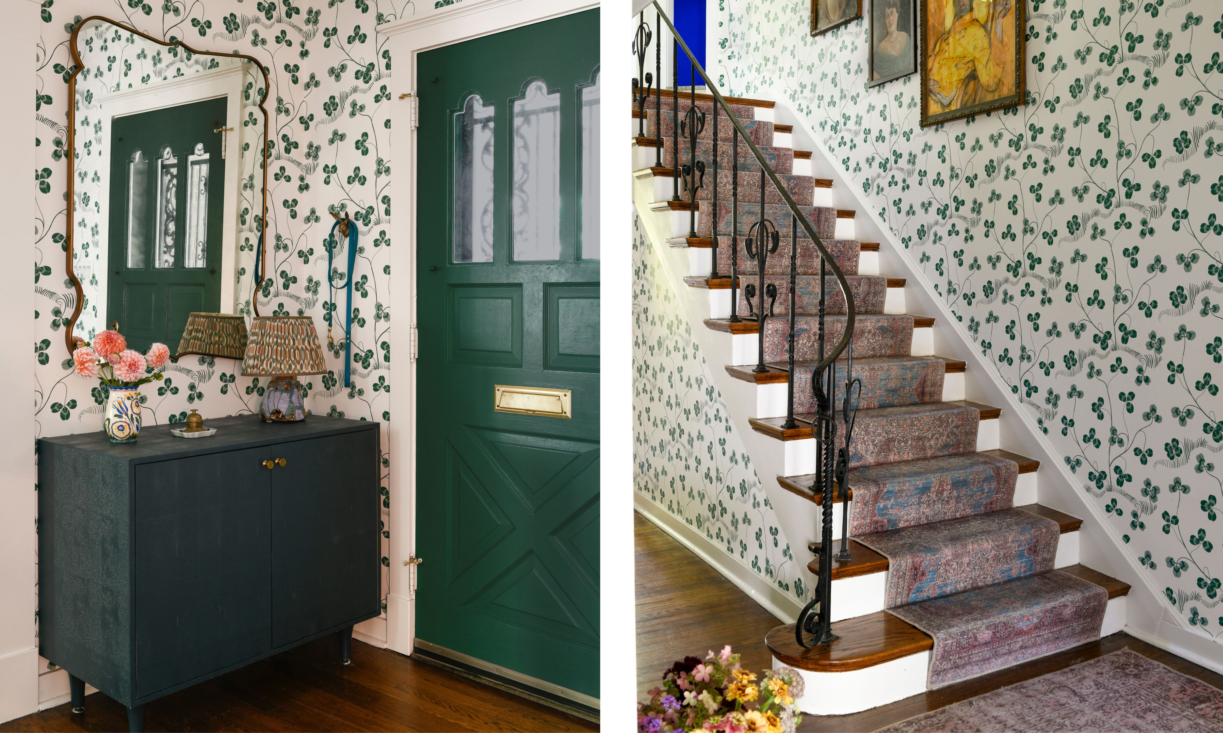 Two images of an entryway and staircase with a dark green front door and side cabinets, and green and white clover print wallpaper on all walls.