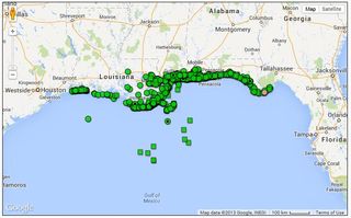 National Oceanic and Atmospheric Administration (NOAA) map of the stranding locations from the 2010-2013 Unusual Mortality Event in the Northern Gulf of Mexico. Bottlenose dolphin strandings are represented by green circle symbols.