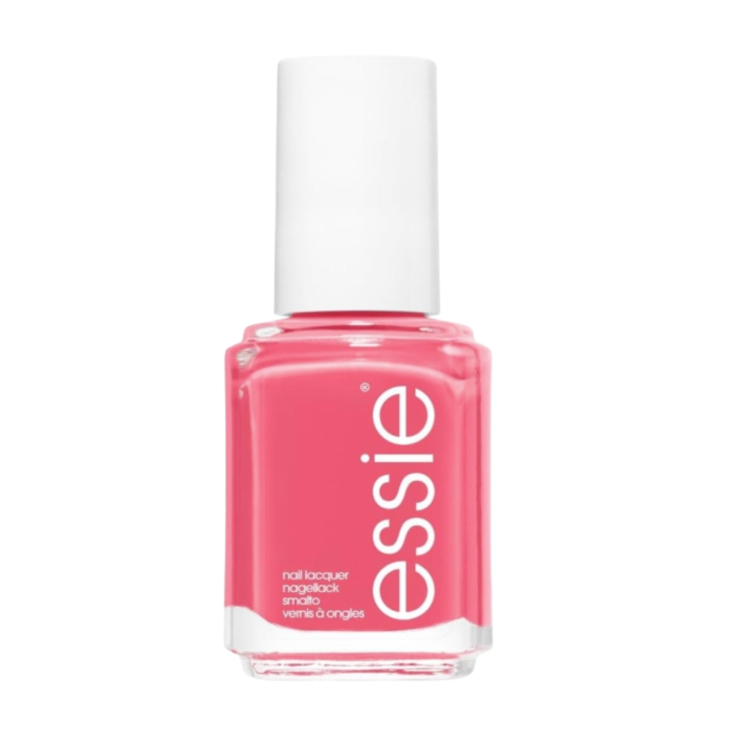 A product shot of the essie cute as a button nail polish (a bright pink-coral), on a white background